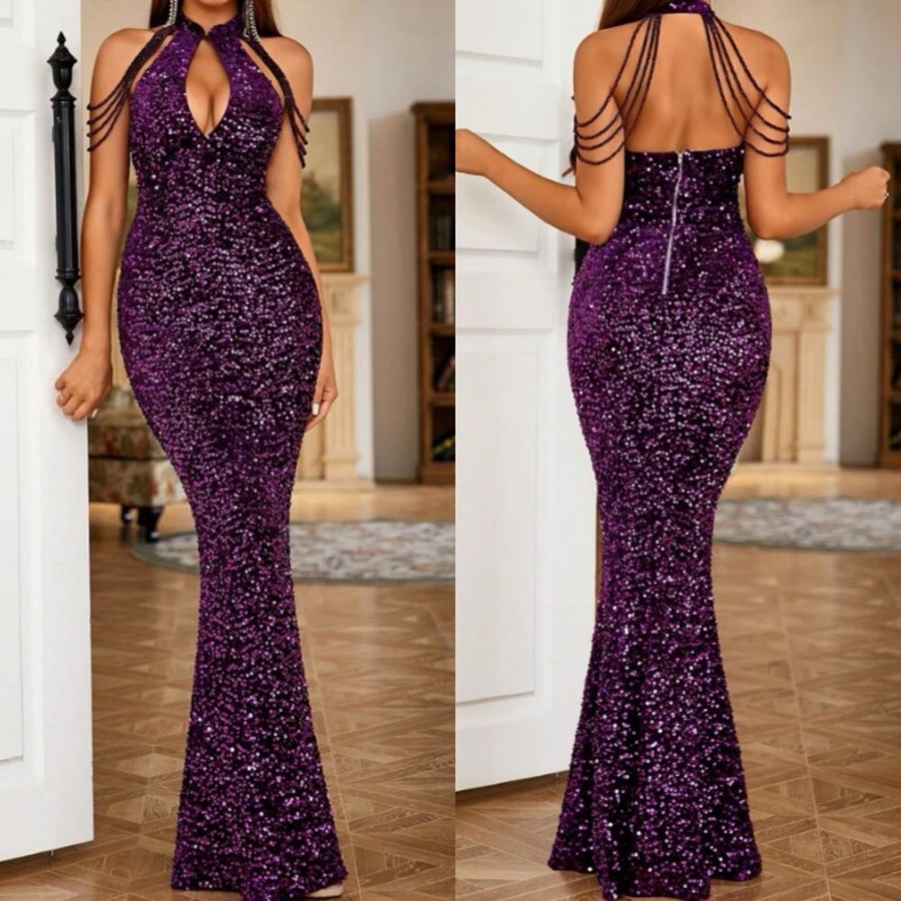 Elegant Purple Sequin Halter Wedding Dress